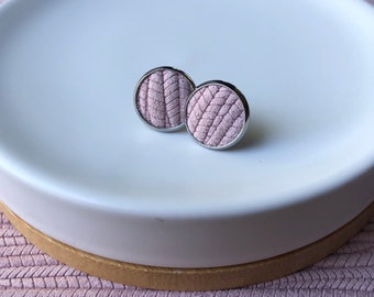 Leather studs Bamboo Weave in blush pink print. Hypoallergenic surgical stainless steel bezel.