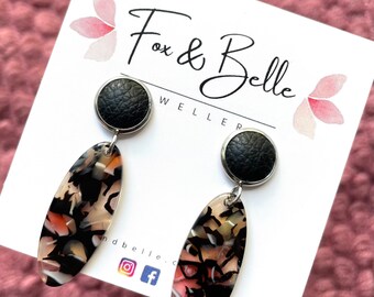 Stained glass resin earrings with 10mm black leather stud. Resin dangles. Colorful earrings. Hypoallergenic stainless steel. Butterfly back.