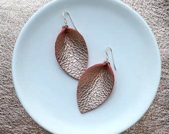 Leather leaf earrings. Leaf earrings. Leather earrings. Boho earrings. Rose gold earrings.
