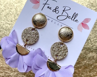 Leather earrings- golden floral dangle earrings. Stainless steel gold stud with purple material floral fan. Gold earrings. Purple earrings.