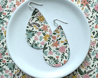 Leather Earrings- Tear Drop garden bloom. Hypoallergenic sterling silver hooks. Light weight earrings. Floral earrings .