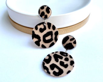 Large leather dangle earrings in flocked leopard. Stainless steel post. Hypoallergenic. Light weight earring. 12mm stud. Leopard earrings.