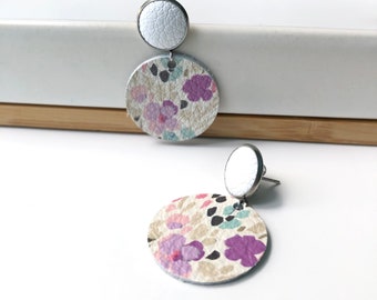 Large leather earrings in purple flowers with white leather stud. Stainless steel post. Hypoallergenic. Light weight earring. 12mm stud.