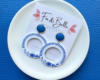 Mamma Mia blue and white hoop dangles. Blue and white earrings. Dangles. Hypoallergenic earrings. Light weight earrings. Hoop earrings