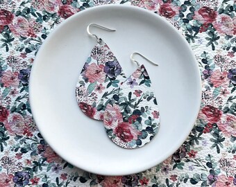 Leather Earrings- Tear Drop in rose watercolour print. Hypoallergenic sterling silver hooks. Light weight earrings. Floral earrings