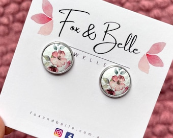 Leather studs in dainty roses print. Pink earrings. Flower studs. Floral studs. Hypoallergenic surgical stainless steel bezel.