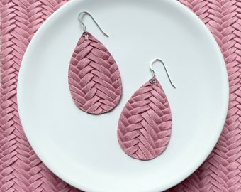 Leather Earrings- Mini Drop in Pink Braided print. Hypoallergenic sterling silver hooks. Light weight earrings. Pink earrings.