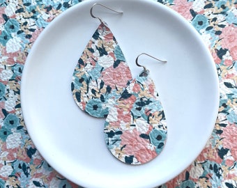 Leather Earrings- Tear Drop spring bloom. Hypoallergenic sterling silver hooks. Light weight earrings. Floral earrings.