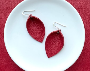 Leather leaf earrings. Leaf earrings. Leather earrings. Boho earrings. Red earrings.