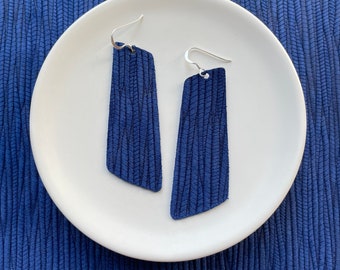 Leather earrings- The Nova in blue bamboo weave. Light weight earrings. Blue earrings. Hypoallergenic sterling silver hook.