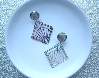 Leather stud earrings. Dangle earrings in geo deco. Art deco earrings. Silver earrings. Leather stud.