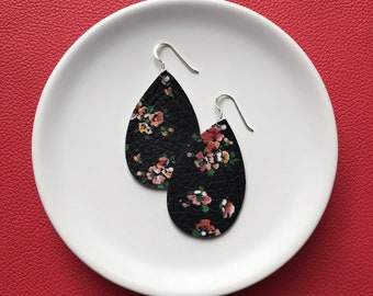 Leather Earrings- Mini Drop in midnight posie print. Hypoallergenic sterling silver hooks. Light weight earrings.