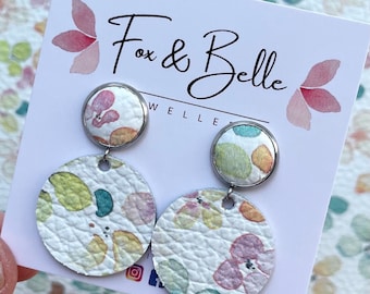 Large leather dangle earrings in pastel petal. Pastel earrings. Stainless steel. Hypoallergenic. Light weight earring. 12mm stud.