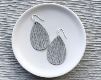 Leather Earrings- Mini Drop Bamboo Weave in grey print. Hypoallergenic sterling silver hooks. Light weight earrings.