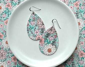 Leather Earrings- Mini Drop in boho floral print. Blue earrings. Floral earrings. Sterling silver hooks. Light weight earrings.