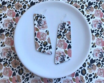 Leather earrings- The Nova in pansies and leopard. Light weight earrings. Hypoallergenic sterling silver hook.