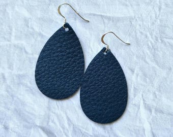 Leather Earrings- Mini Drop in navy blue print. Hypoallergenic sterling silver hooks. Light weight earrings.