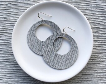 Leather earrings - The Eclipse Bamboo Weave in grey. Round earrings. Hypoallergenic sterling silver hooks. Light weight earrings.