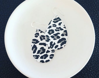 Leather Earrings- Mini Drop in arctic leopard print. Hypoallergenic sterling silver hooks. Light weight earrings.
