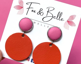 Colour block leather earrings in tropical punch. Pink and orange earrings. Hypoallergenic stainless steel. 12mm stud. Light weight.