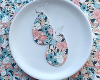 Leather Earrings- Mini Drop in spring blooms print. Hypoallergenic sterling silver hooks. Light weight earrings. Floral earrings.