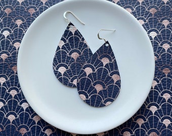 Leather Earrings- Tear Drop navy and rose gold fanfare print. Navy earrings. Hypoallergenic sterling silver hooks. Light weight earrings.