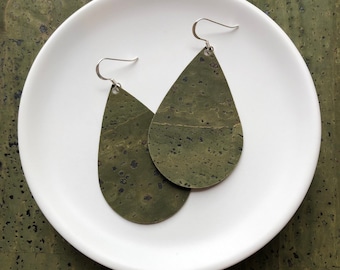 Cork Earrings- Tear Drop in Khaki Cork. Hypoallergenic sterling silver hooks. Light weight earrings.