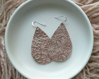 Leather Earrings- Tear Drop pink lace print. Hypoallergenic sterling silver hooks. Light weight earrings.