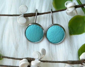 Leather Drop Studs in Tiffany green. Hypoallergenic surgical stainless steel bezel.