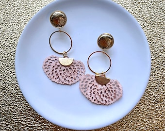 Leather earrings- golden hoop dangle earrings in nude. Stainless steel gold stud with floral detail. Gold earrings. Light weight.