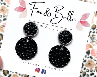 Small Leather dangle earrings in black bubble. Black earrings. Stainless steel post. Light weight. Small version- 10mm stud 16mm circle
