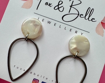 Pink Pearly Drop Earrings with Stainless Steel Teardrop Frames, Resin Studs - Fox & Belle Hypoallergenic Dangles