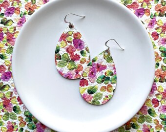 Leather Earrings- Mini Drop in summer blooms print. Hypoallergenic sterling silver hooks. Light weight earrings. Floral earrings.