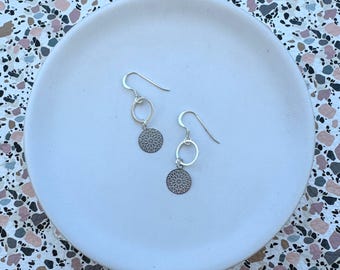 Mandala dangle earrings. Hypoallergenic and light weight. Sterling silver hooks and stainless steel hoop and mandala. Silver earrings.