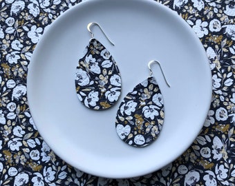 Leather Earrings- Mini Drop in Navy Floral print. Hypoallergenic sterling silver hooks. Light weight earrings.