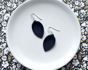 Small leaf drop earrings in navy. Tiny tear drop. Tiny leaf earrings. Navy earrings. Leather earrings. Leather dangles. Light earrings.