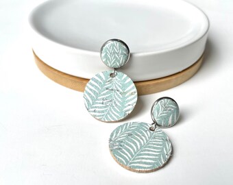 Cork dangle earrings in Sage. Green dangle earrings. Stainless steel post. Light weight earring. 12mm stud.