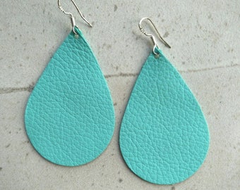 Leather Earrings- Tear Drop tiffany green print. Hypoallergenic sterling silver hooks. Light weight earrings.