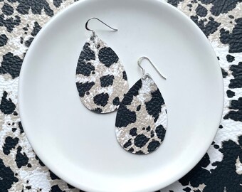 Leather Earrings- Mini Drop in alpine leopard print. Hypoallergenic sterling silver hooks. Light weight earrings. Leopard earrings