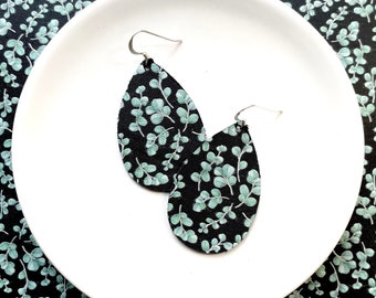 Leather Earrings- Mini Drop in jade vine print. Hypoallergenic sterling silver hooks. Light weight earrings. Floral earrings.