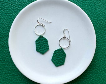 Leather earrings. Emerald Stella dangle earrings. Sterling silver hooks. Light weight. Leather dangles. Green earrings. Emerald earrings.