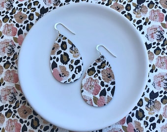 Leather Earrings- Mini Drop in pansies and leopard print. Hypoallergenic sterling silver hooks. Light weight earrings.
