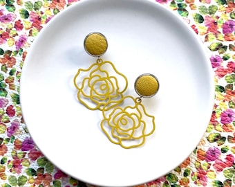 Yellow rose dangle earrings with 12mm leather stud. Hypoallergenic stainless steel. Rose dangle earrings. Butterfly back. Yellow earrings.