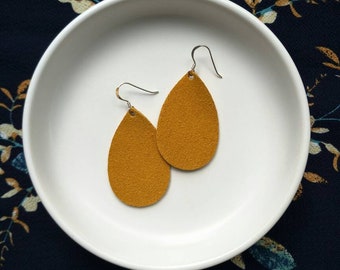 Leather Earrings- Mini Drop in mustard suede print. Hypoallergenic sterling silver hooks. Light weight earrings.