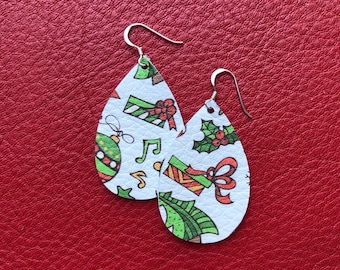 Leather Earrings- Mini Drop in Christmas print. Hypoallergenic sterling silver hooks. Light weight earrings.