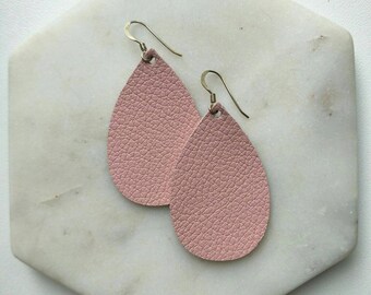 Leather Earrings- Mini Drop in blush pink print. Hypoallergenic sterling silver hooks. Light weight earrings.