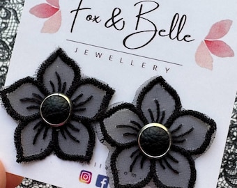 Midnight Lace Earrings – Black Lace Flower Studs with Leather Centre | Handmade Statement Earrings | Hypoallergenic Stainless Steel