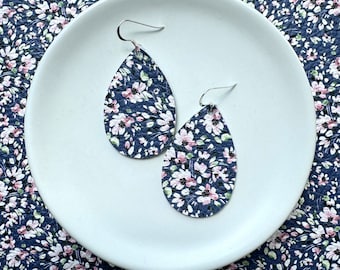 Leather Earrings- Mini Drop in pink petals print. Hypoallergenic sterling silver hooks. Light weight earrings. Floral earrings.