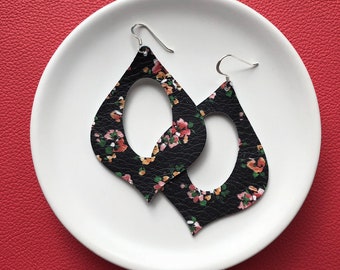 Leather Earrings- Genie shape in midnight posie print. Hypoallergenic sterling silver hooks. Light weight earrings.