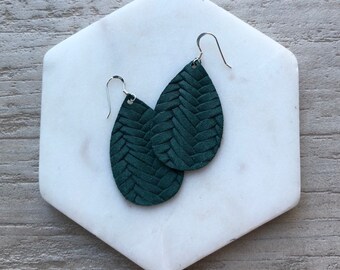 Leather Earrings- Mini Drop in Pine Green Braided print. Hypoallergenic sterling silver hooks. Light weight earrings.
